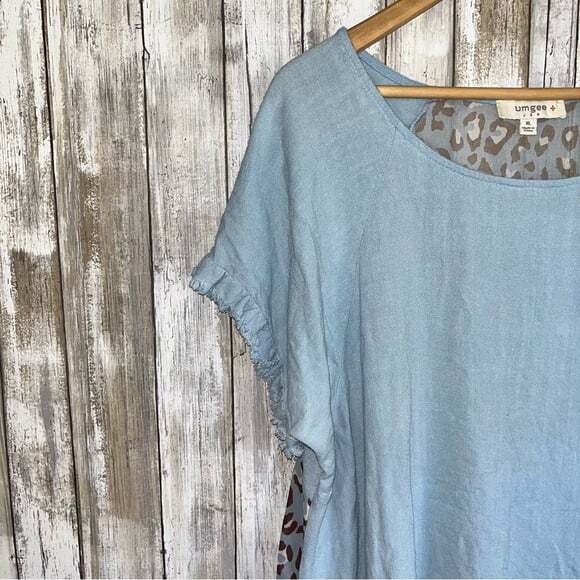 Umgee Blue & Chocolate Leopard Back Print Fringe Linen Blouse - Picture 3 of 5